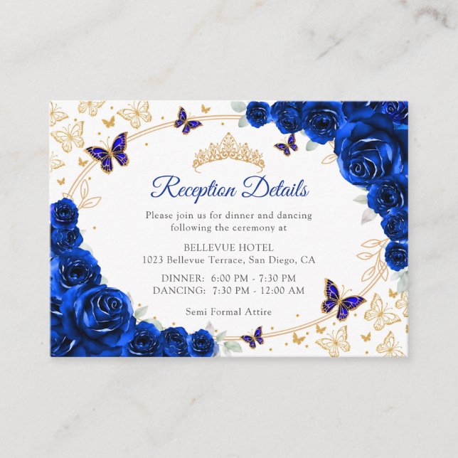 Tarjeta De Recepción Royal Blue Gold Quinceanera Reception Details (Anverso)