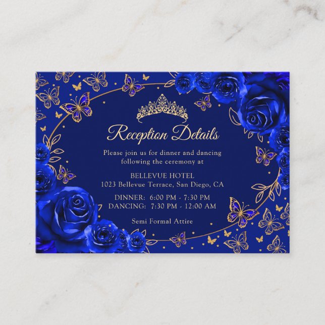 Tarjeta De Recepción Royal Blue Gold Quinceanera Reception Details (Anverso)