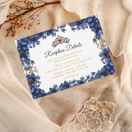 Tarjeta De Recepción Royal Blue Golden Tiara Floral Quinceañera