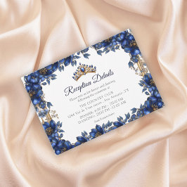 Tarjeta De Recepción Royal Blue Golden Tiara Floral Quinceañera