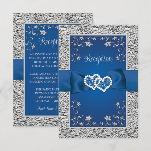 Tarjeta de recepción Royal Blue, Gray Love Hearts (Anverso / Reverso)