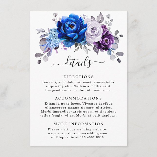 Tarjeta De Recepción Royal Blue Purple Navy Lilac Blooms Wedding Detail (Anverso)