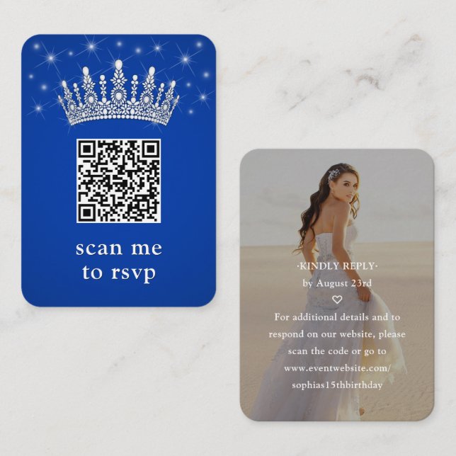 Tarjeta De Recepción Royal Blue Quinceañera Crown & Stars QR RSVP Photo (Anverso / Reverso)
