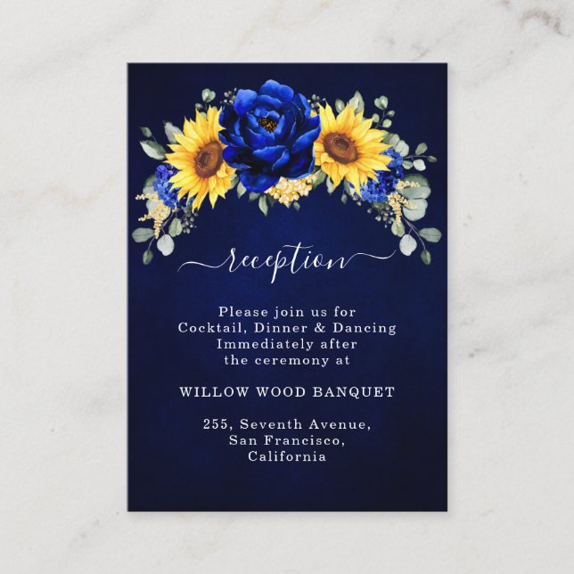 Tarjeta De Recepción Royal Blue Rustic Sunflower Encl (Anverso)