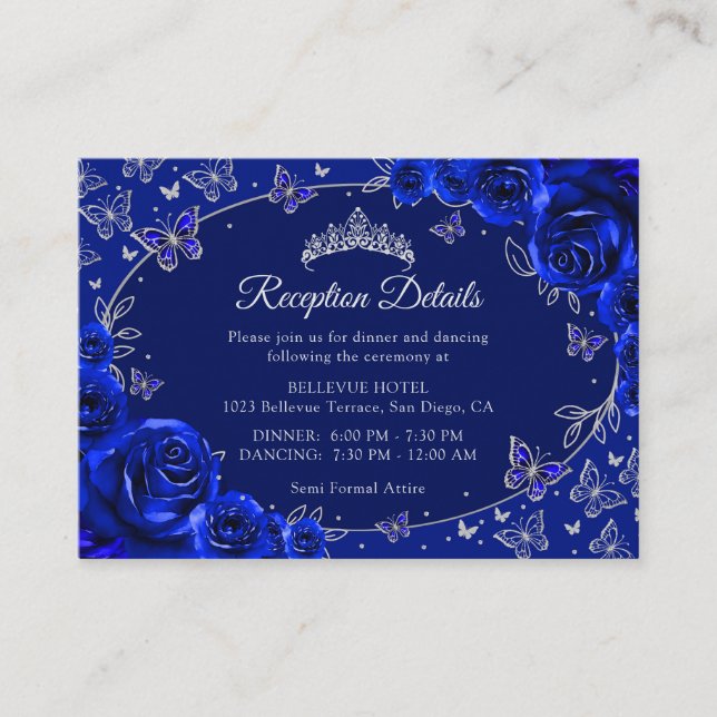 Tarjeta De Recepción Royal Blue Silver Quinceanera Reception Details (Anverso)