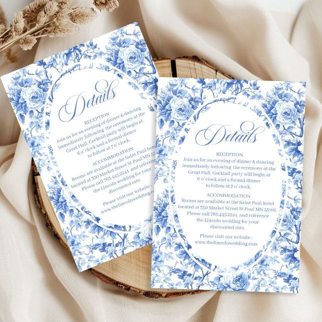 Tarjeta De Recepción Royal blue toile floral wedding accommodation  (Royal blue toile floral wedding accommodation details card

)