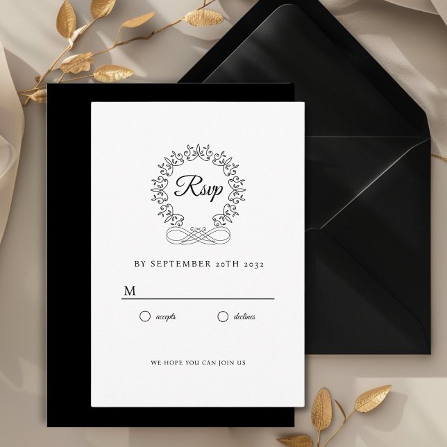Tarjeta De Recepción Royal, Elegant, Wedding RSVP (Royal, Elegant, Classic, Crest, Wedding Invitation Wedding RSVP. White and Black.)