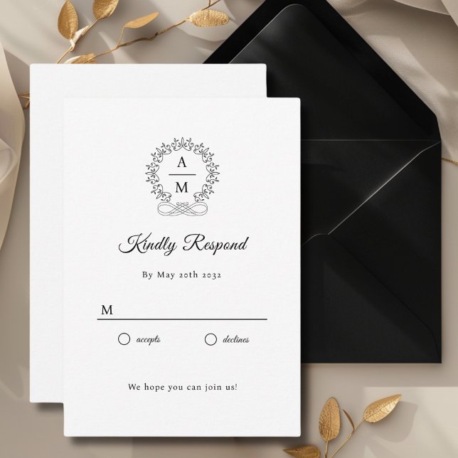 Tarjeta De Recepción Royal, Elegant, Wedding RSVP (Monogram, Royal, Elegant, White, Wedding RSVP Cards with scripted font. Personalized in minutes.)