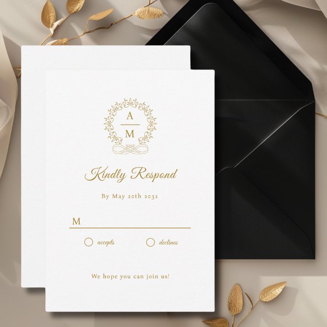Tarjeta De Recepción Royal, Elegant, Wedding RSVP (Monogram, Royal, Elegant, White, Wedding RSVP Cards with scripted font. Personalized in minutes.)