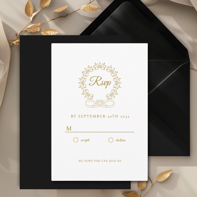 Tarjeta De Recepción Royal, Elegant, Wedding RSVP (Royal, Elegant, Classic, Crest, Wedding Invitation Wedding RSVP. White and Gold-Beige.)