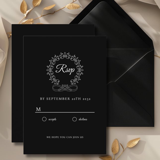 Tarjeta De Recepción Royal, Elegant, Wedding RSVP (Royal, Elegant, Classic, Crest, Wedding Invitation Wedding RSVP. White and Black.)