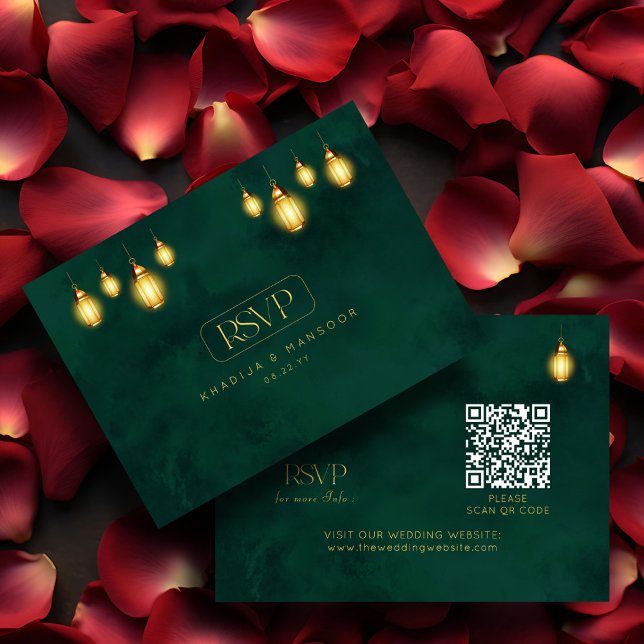 Tarjeta De Recepción Royal Emerald Green Golden Lights QR Wedding RSVP (Subido por el creador)