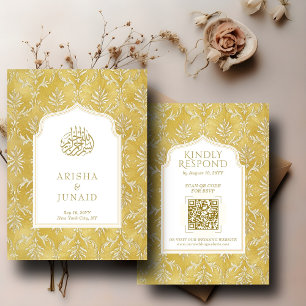 Tarjeta De Recepción Royal Gold Damask Musulmán Código QR RSVP Sitio We