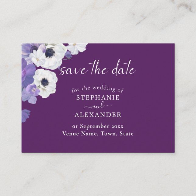 Tarjeta De Recepción Royal Purple Floral Save the Date (Anverso)