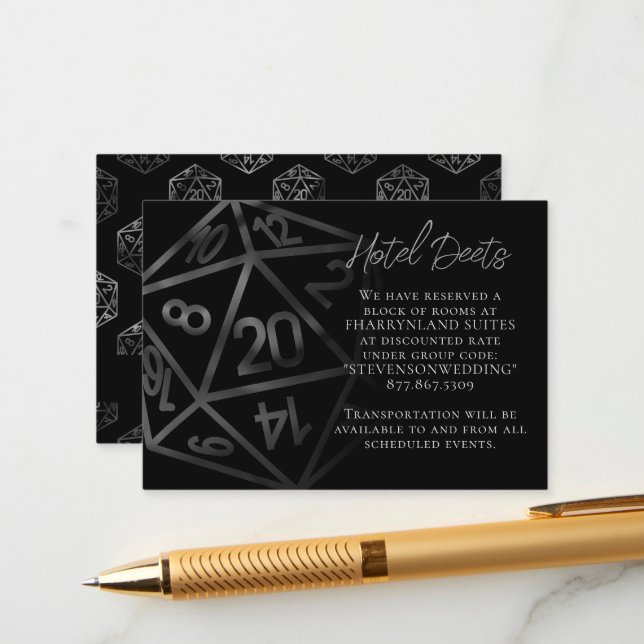 Tarjeta De Recepción RPG Dice | Fantasy Tabletop Gamer Hotel Detalle (Anverso/Reverso In Situ)