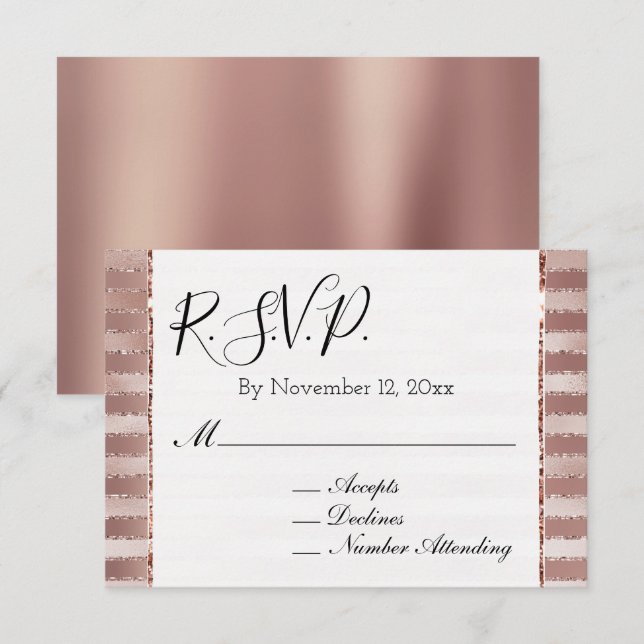 Tarjeta De Recepción RSVP Boda con Brillo Rayas Rosa y Rosa Dorado (Anverso / Reverso)