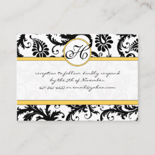 Tarjeta De Recepción RSVP Boda Negro Blanco Damasco Recorte Amarillo
