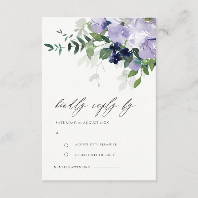 Tarjeta De Recepción RSVP Boda Rústica Violeta Morada Floral Leafy (Anverso)