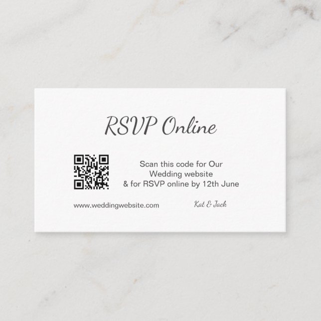 Tarjeta De Recepción RSVP código QR sitio web boda simple blanco negro  (Anverso)