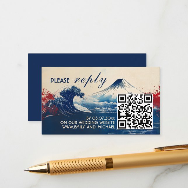 Tarjeta De Recepción RSVP con código QR Japonesa Armonía con Fuji (Anverso/Reverso In Situ)