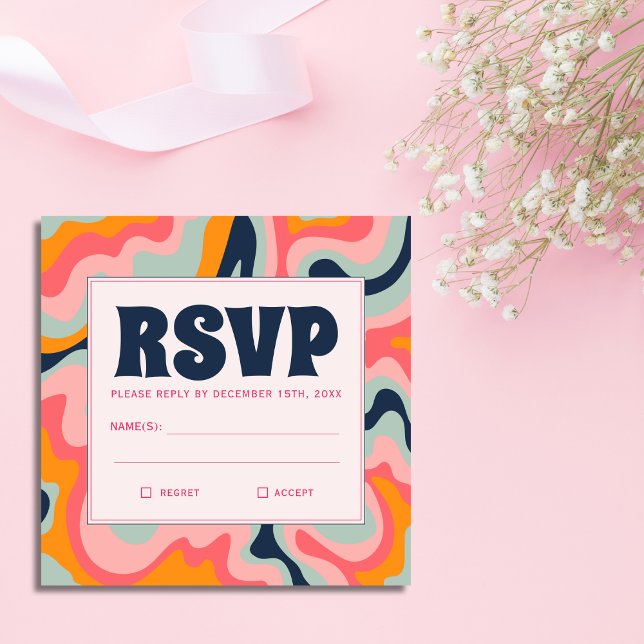 Tarjeta De Recepción RSVP de Blue Groovy Pastel rosa Retro de presupues (Subido por el creador)