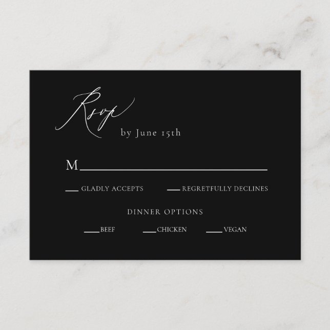 Tarjeta De Recepción RSVP de boda de caligrafía blanca y negra (Anverso)