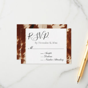 Tarjeta De Recepción RSVP de boda de cuero de vaca animal crema marrón 