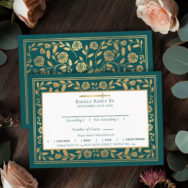 Tarjeta De Recepción RSVP de Boda de Espada Medieval verde azulada (Subido por el creador)