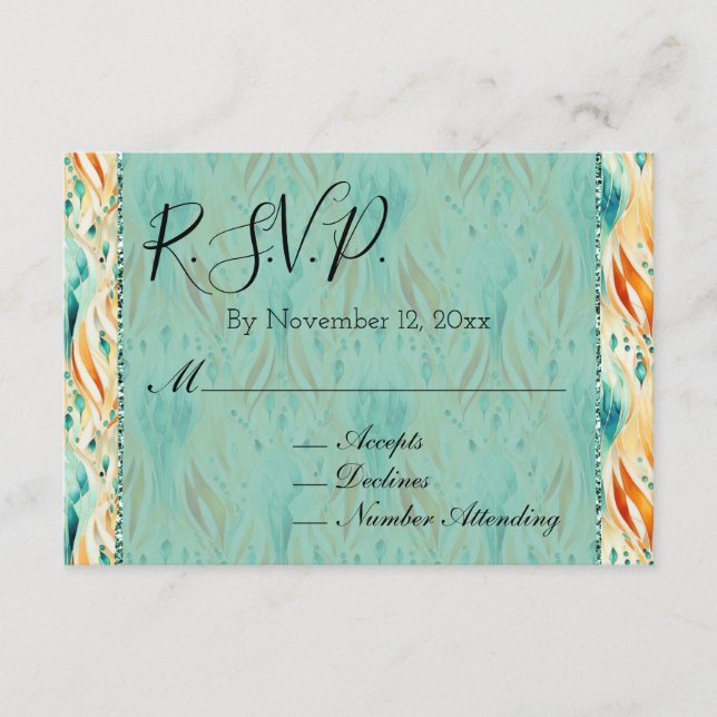 Tarjeta De Recepción RSVP de boda de joya abstracta turquesa y mandarin (Anverso)