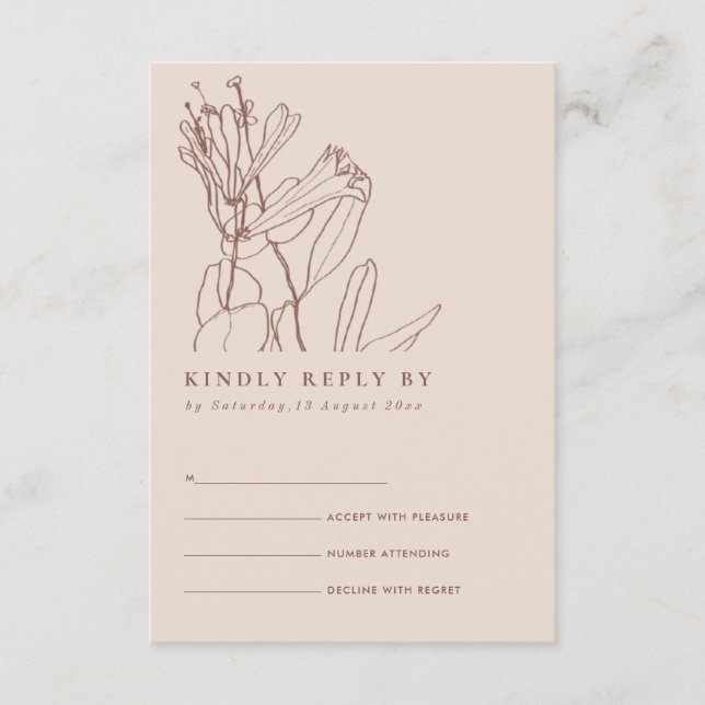 TARJETA DE RECEPCIÓN RSVP DE BODA FLORAL DE DIBUJO DE LÍNEA DE PASTEL D (Anverso)