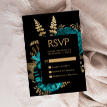 RSVP de boda floral oscuro temperamental turquesa