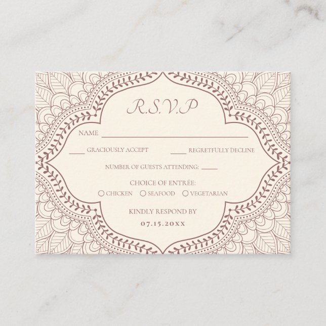 Tarjeta De Recepción RSVP de boda hindú tradicional pekinesa Mehndi (Anverso)
