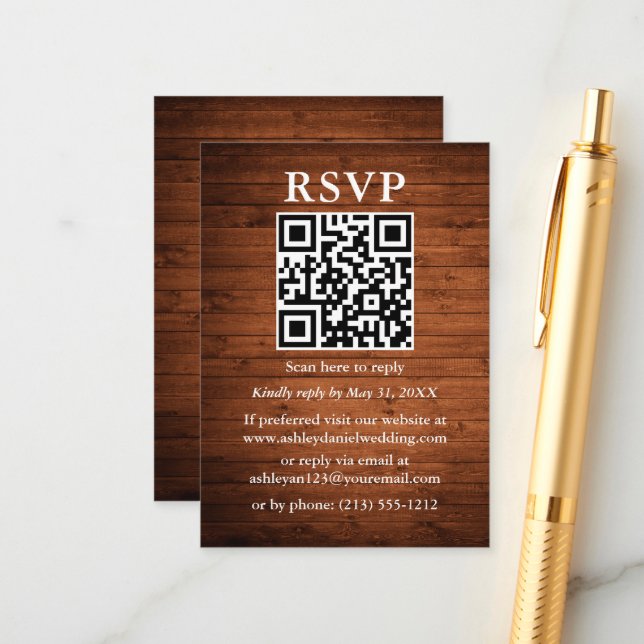 Tarjeta De Recepción RSVP de boda Rústica QR Wood (Anverso/Reverso In Situ)