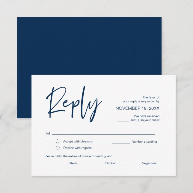 Tarjeta De Recepción RSVP de bodas, con opciones de comida, guión azul  (Anverso / Reverso)