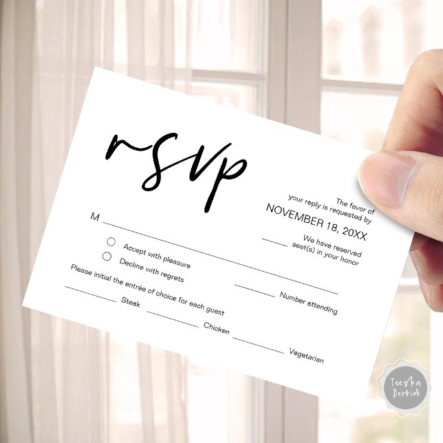 Tarjeta De Recepción RSVP de bodas, con opciones de comida, responde (Wedding RSVP, with meal options, no attending, Invitation respond Enclosure Card)