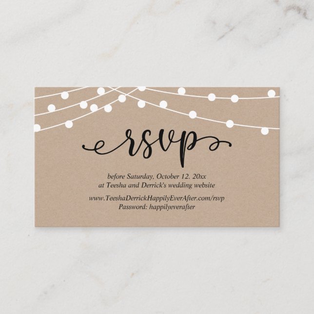 Tarjeta De Recepción RSVP de bodas, luces de cuerdas de Kraft rústicas (Anverso)