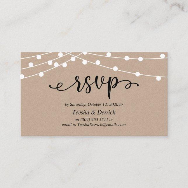 Tarjeta De Recepción RSVP de bodas, luces de cuerdas de Kraft rústicas (Anverso)