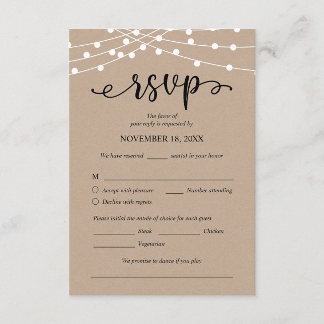 Tarjeta De Recepción RSVP de bodas, opciones de comidas, luces de caden (Anverso)