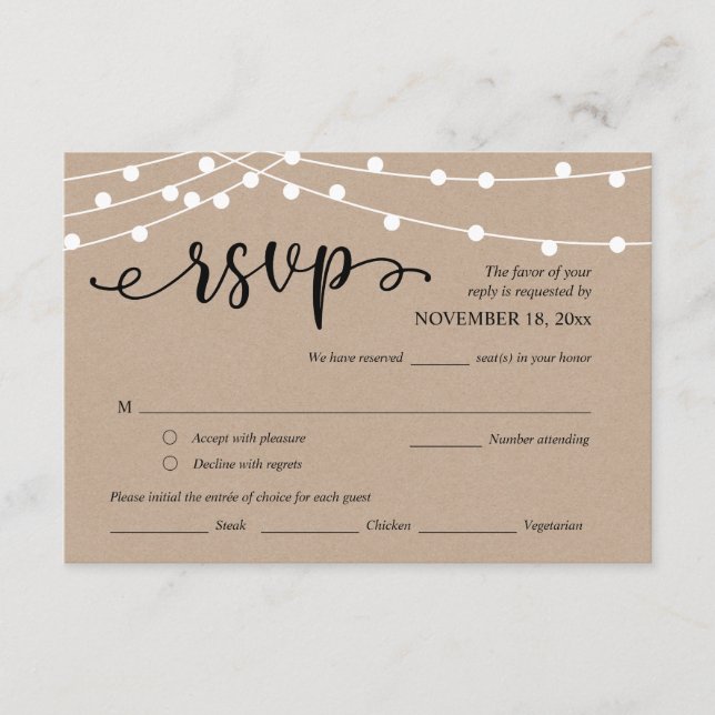 Tarjeta De Recepción RSVP de bodas, opciones de comidas, luces de caden (Anverso)