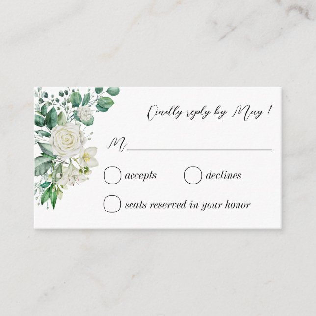Tarjeta De Recepción RSVP de rosas blancas de eucalipto verde (Anverso)