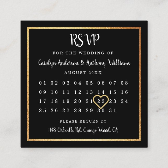 Tarjeta De Recepción RSVP del calendario de Relieves metalizados dorado (Anverso)