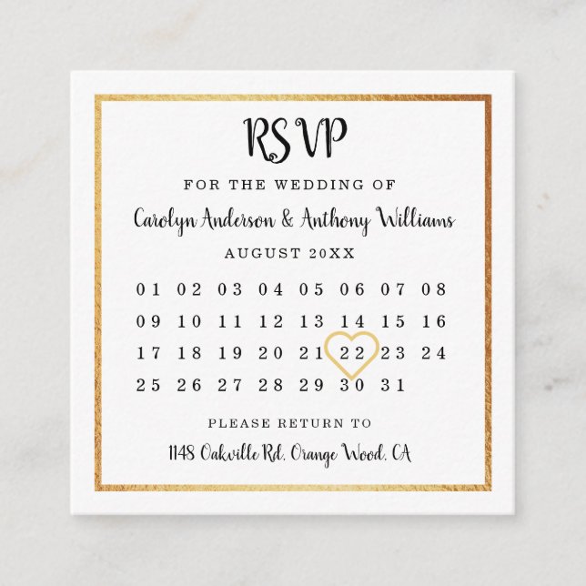 Tarjeta De Recepción RSVP del calendario de Relieves metalizados dorado (Anverso)