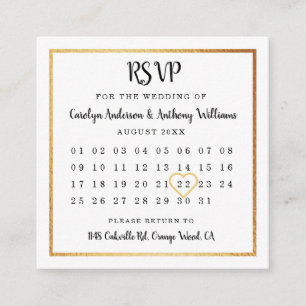 Tarjeta De Recepción RSVP del calendario de Relieves metalizados dorado