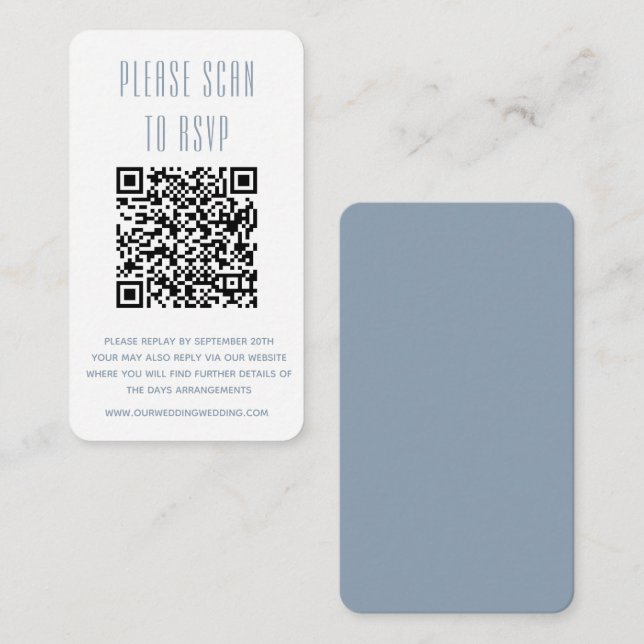 Tarjeta De Recepción RSVP Dusty Azul y Blanco Simple con código QR (Anverso / Reverso)
