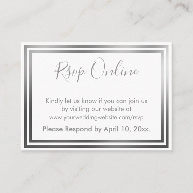 Tarjeta De Recepción RSVP en línea simple elegante plateado y blanco (Anverso)