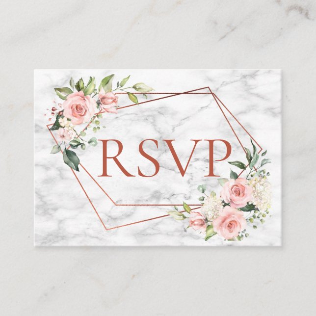 Tarjeta De Recepción RSVP floral rosa de mármol geométrico de cobre (Anverso)