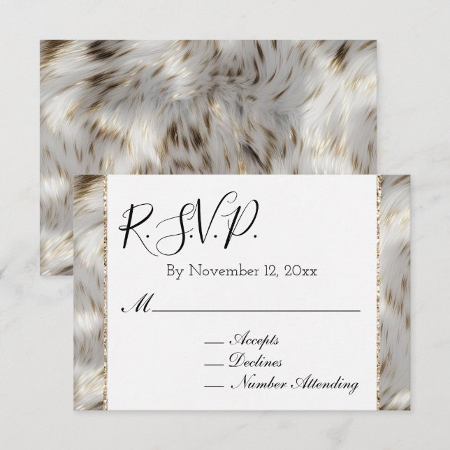 Tarjeta De Recepción RSVP Gris Blanco Dorado de Peluche Falso (Anverso / Reverso)