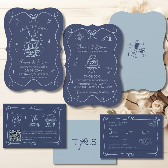 Tarjeta De Recepción RSVP Mano Arte Doodle Escrito Crítico Azul (Subido por el creador)