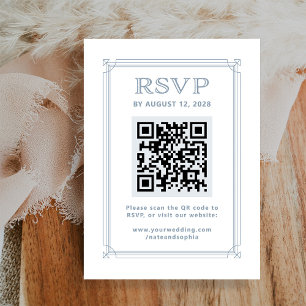 Tarjeta De Recepción RSVP moderna con código QR Blanco y azul