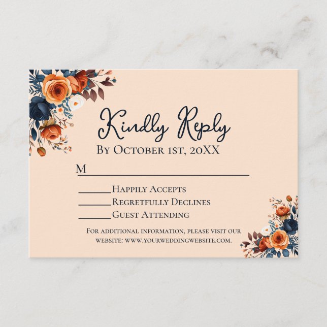 Tarjeta De Recepción RSVP, Naranja ruso quemado y boda azul (Anverso)
